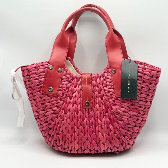 Francesco Biasia Freeway Jam Flame Red Pink Straw Woven Bag with Leather Handles - Picture 4 of 13